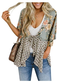 Women Floral Kimono Cardigans 3/4 Ruffle Sleeve Lightweight Patchwork Flowy Boho Tie Loose Cover Ups