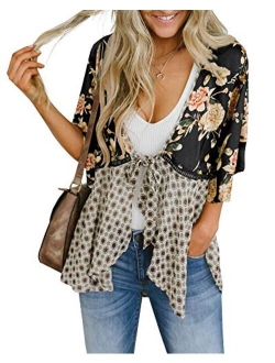 Women Floral Kimono Cardigans 3/4 Ruffle Sleeve Lightweight Patchwork Flowy Boho Tie Loose Cover Ups