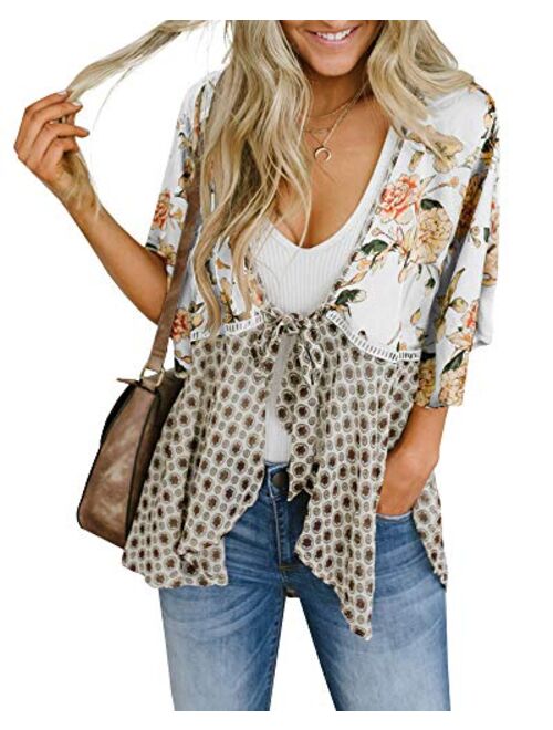 Women Floral Kimono Cardigans 3/4 Ruffle Sleeve Lightweight Patchwork Flowy Boho Tie Loose Cover Ups