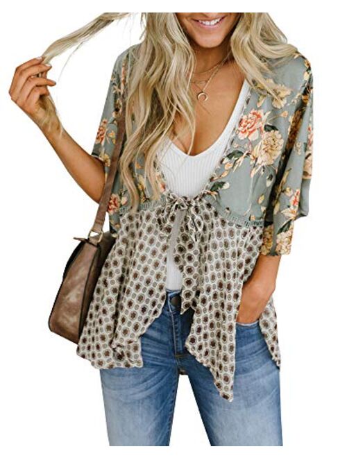 Women Floral Kimono Cardigans 3/4 Ruffle Sleeve Lightweight Patchwork Flowy Boho Tie Loose Cover Ups