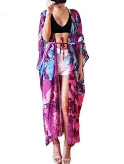 FOCUSNORM Women Chiffon Beach Dress Kimono Cardigan Swimsuit Cover Up Beachwear Dress