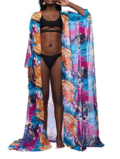 FOCUSNORM Women Chiffon Beach Dress Kimono Cardigan Swimsuit Cover Up Beachwear Dress