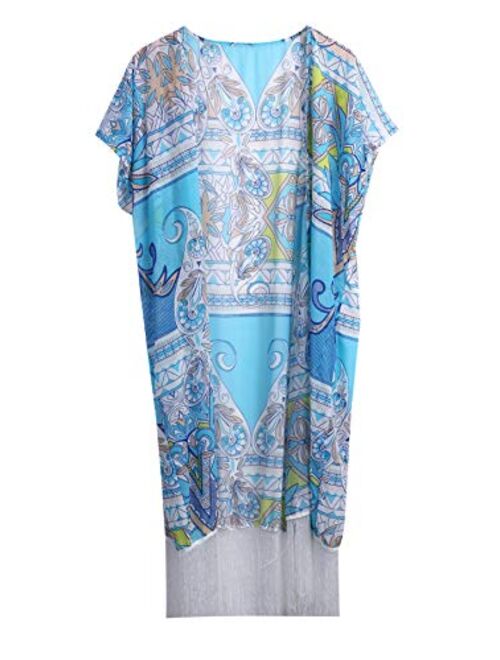 FOCUSNORM Women Chiffon Beach Dress Kimono Cardigan Swimsuit Cover Up Beachwear Dress