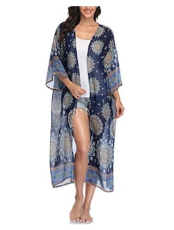 Women's Long Sheer Floral Kimono Cardigan, Chiffon Bikini Beach Cover up, Summer Blouse Loose Tops