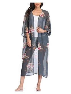 Women's Long Sheer Floral Kimono Cardigan, Chiffon Bikini Beach Cover up, Summer Blouse Loose Tops