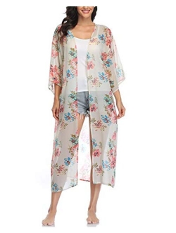 Women's Long Sheer Floral Kimono Cardigan, Chiffon Bikini Beach Cover up, Summer Blouse Loose Tops