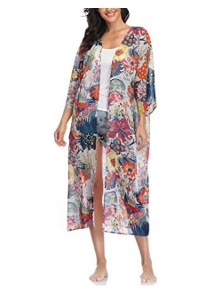 Women's Long Sheer Floral Kimono Cardigan, Chiffon Bikini Beach Cover up, Summer Blouse Loose Tops