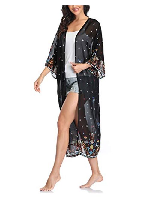 Women's Long Sheer Floral Kimono Cardigan, Chiffon Bikini Beach Cover up, Summer Blouse Loose Tops