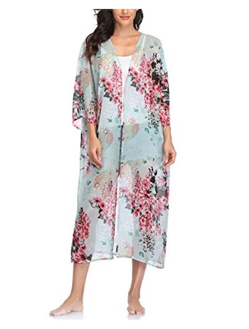 Women's Long Sheer Floral Kimono Cardigan, Chiffon Bikini Beach Cover up, Summer Blouse Loose Tops