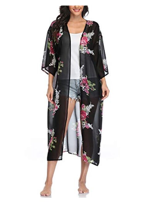 Women's Long Sheer Floral Kimono Cardigan, Chiffon Bikini Beach Cover up, Summer Blouse Loose Tops