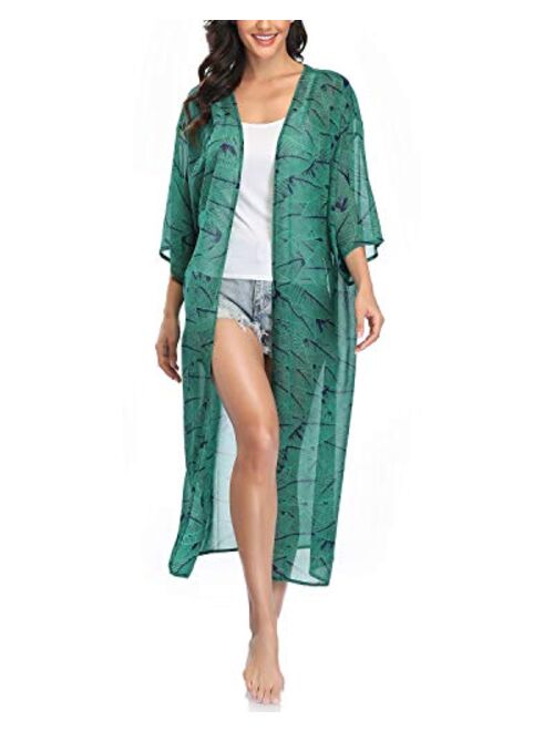 Women's Long Sheer Floral Kimono Cardigan, Chiffon Bikini Beach Cover up, Summer Blouse Loose Tops