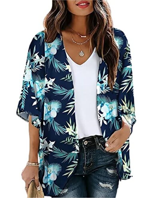 Camisunny Women Kimono Cardigan Floral Printed Casual Loose Beachwear Cover ups Tops