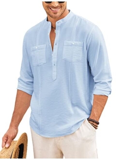 Men's Linen Henley Shirt Long Sleeve Casual Hippie Cotton Beach T Shirts