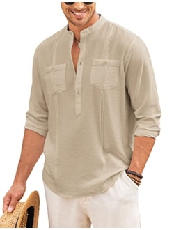 Men's Linen Henley Shirt Long Sleeve Casual Hippie Cotton Beach T Shirts