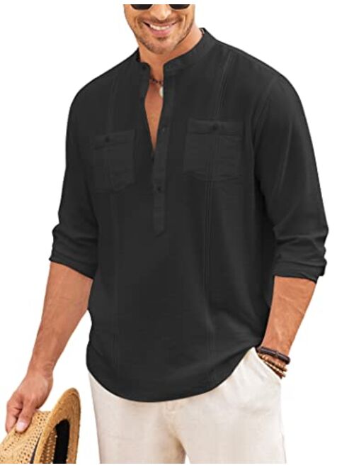 COOFANDY Men's Linen Henley Shirt Long Sleeve Casual Hippie Cotton Beach T Shirts