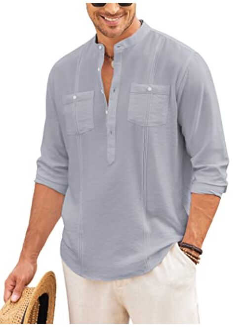 COOFANDY Men's Linen Henley Shirt Long Sleeve Casual Hippie Cotton Beach T Shirts