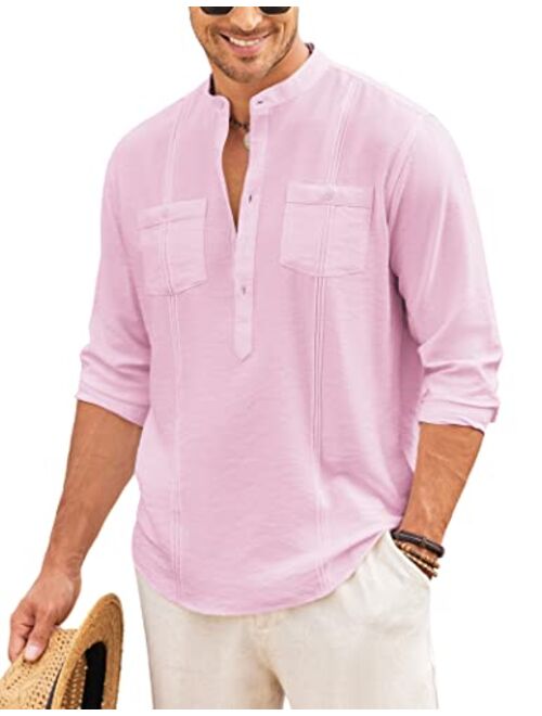 COOFANDY Men's Linen Henley Shirt Long Sleeve Casual Hippie Cotton Beach T Shirts