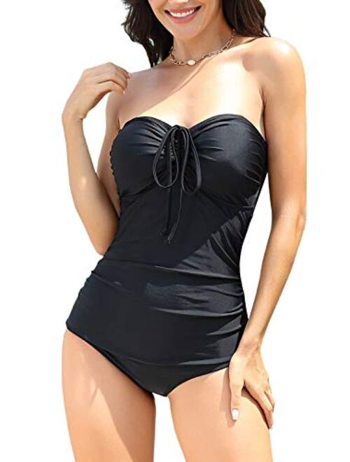 Women One Piece Bandeau Swimsuit Vintage Tummy Control Bathing Suit Sport Strapless Swimwear