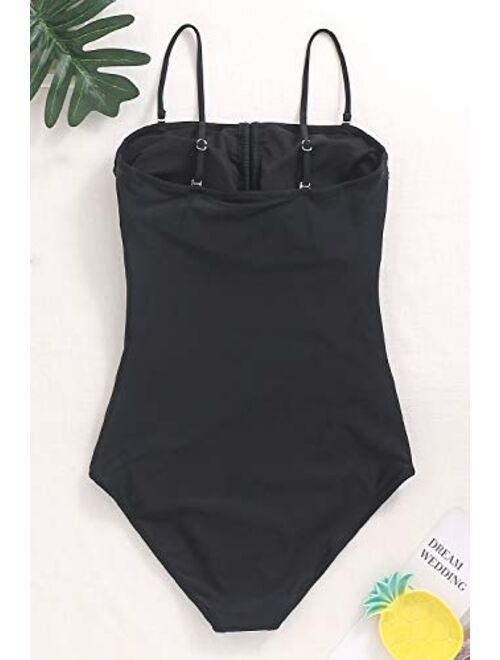 Women One Piece Bandeau Swimsuit Vintage Tummy Control Bathing Suit Sport Strapless Swimwear