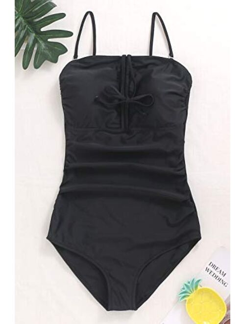 Women One Piece Bandeau Swimsuit Vintage Tummy Control Bathing Suit Sport Strapless Swimwear