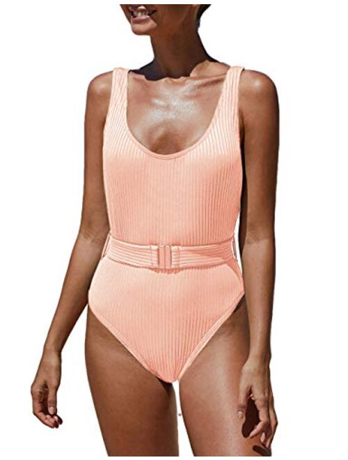 Bsubseach Women Ribbed One Piece Swimsuit Padded Tummy Control Bathing Suit with Belt