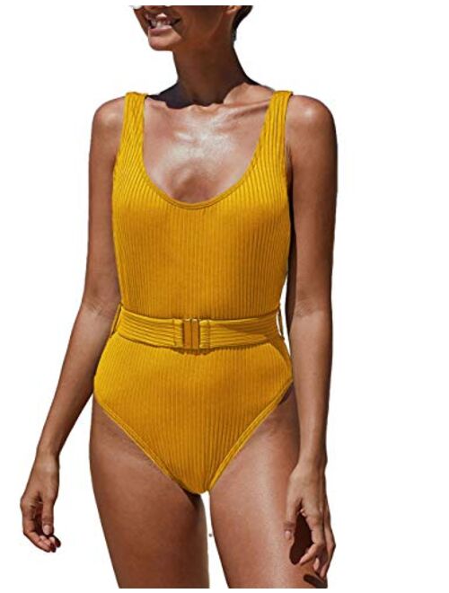 Bsubseach Women Ribbed One Piece Swimsuit Padded Tummy Control Bathing Suit with Belt