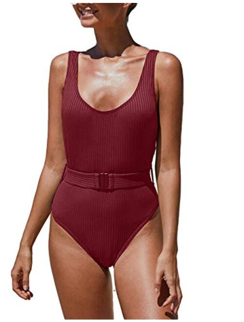 Bsubseach Women Ribbed One Piece Swimsuit Padded Tummy Control Bathing Suit with Belt