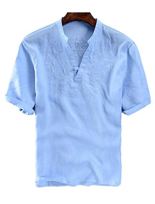 utcoco Men's Retro Frog Button V-Neck Embroidery Linen Henley Shirts Short Sleeve