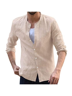 Pacinoble Men Linen Henley Shirts Long Sleeve Basic Yoga Top Casual Blouse Summer Beach Henley Shirts Tee