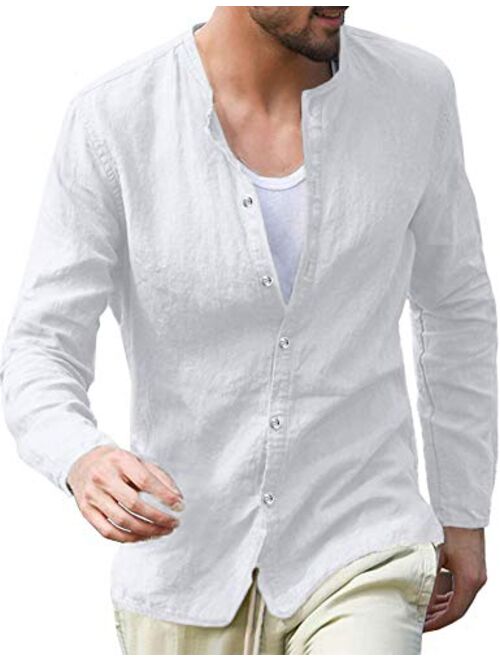 Pacinoble Men Linen Henley Shirts Long Sleeve Basic Yoga Top Casual Blouse Summer Beach Henley Shirts Tee