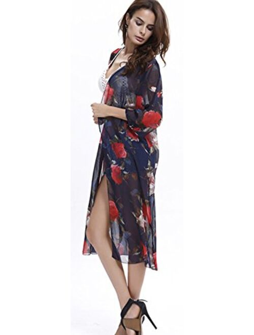 Upopby Women's Floral Printed Chiffon Swimsuits Cover Up Beach Bikini Kimono Cardigan