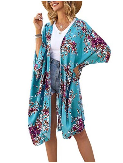 Women's Beach Cover up Swimsuit Kimono Casual Cardigan with Bohemian Floral Print