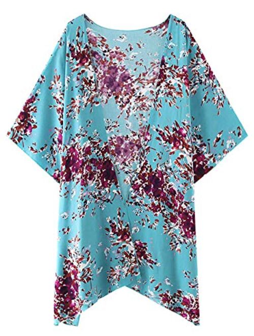 Women's Beach Cover up Swimsuit Kimono Casual Cardigan with Bohemian Floral Print