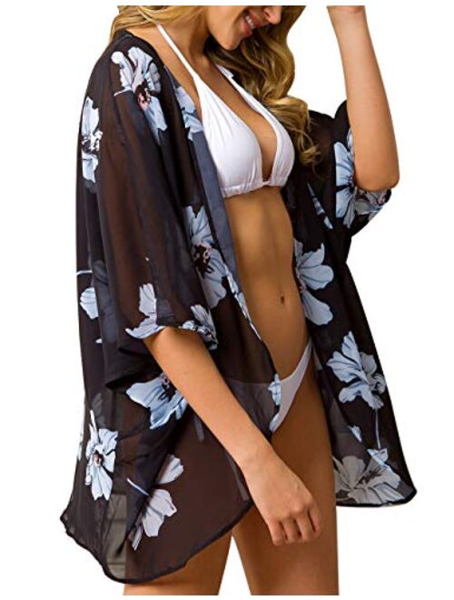 a.Jesdani Women's Kimono Floral Print Chiffon Cardigan Capes Beach Swimwear Cover Up