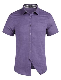 Men's Regular-Fit Short-Sleeve Solid Linen Cotton Shirt Casual Button Down Beach Shirt