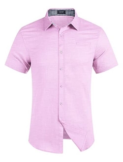 Men's Regular-Fit Short-Sleeve Solid Linen Cotton Shirt Casual Button Down Beach Shirt