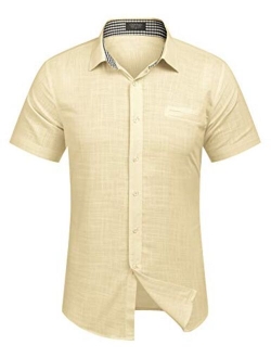 Men's Regular-Fit Short-Sleeve Solid Linen Cotton Shirt Casual Button Down Beach Shirt