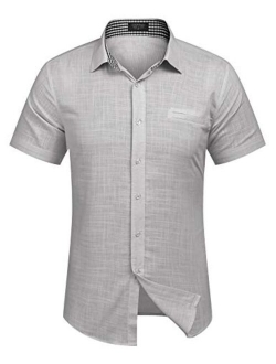 Men's Regular-Fit Short-Sleeve Solid Linen Cotton Shirt Casual Button Down Beach Shirt