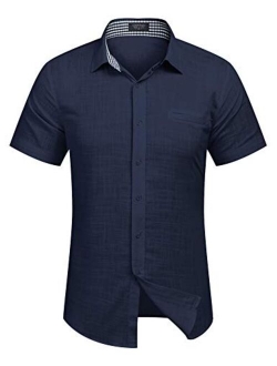 Men's Regular-Fit Short-Sleeve Solid Linen Cotton Shirt Casual Button Down Beach Shirt