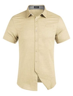 Men's Regular-Fit Short-Sleeve Solid Linen Cotton Shirt Casual Button Down Beach Shirt