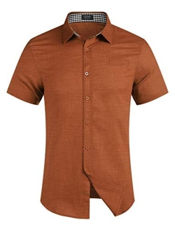 Men's Regular-Fit Short-Sleeve Solid Linen Cotton Shirt Casual Button Down Beach Shirt