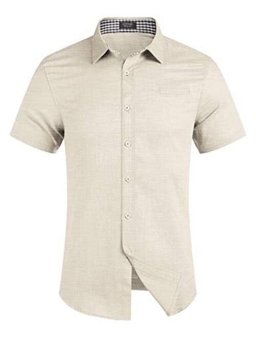 COOFANDY Men's Regular-Fit Short-Sleeve Solid Linen Cotton Shirt Casual Button Down Beach Shirt