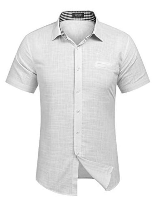 COOFANDY Men's Regular-Fit Short-Sleeve Solid Linen Cotton Shirt Casual Button Down Beach Shirt