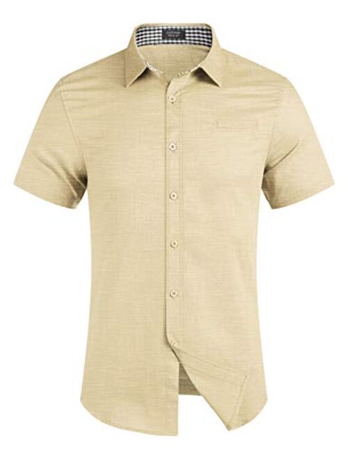 COOFANDY Men's Regular-Fit Short-Sleeve Solid Linen Cotton Shirt Casual Button Down Beach Shirt