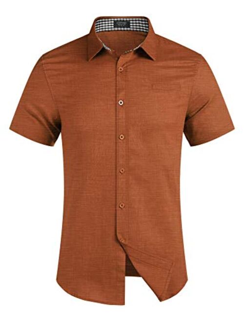 COOFANDY Men's Regular-Fit Short-Sleeve Solid Linen Cotton Shirt Casual Button Down Beach Shirt