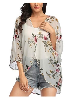 Women's Floral Print Kimonos Loose Tops Half Sleeve Shawl Chiffon Cardigan Blouses Casual Beach Cover Ups