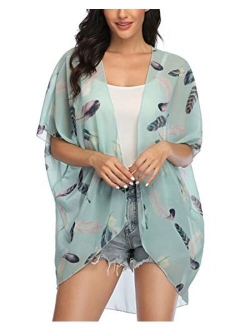 Women's Floral Print Kimonos Loose Tops Half Sleeve Shawl Chiffon Cardigan Blouses Casual Beach Cover Ups