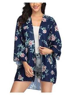 Women's Floral Print Kimonos Loose Tops Half Sleeve Shawl Chiffon Cardigan Blouses Casual Beach Cover Ups