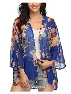 Women's Floral Print Kimonos Loose Tops Half Sleeve Shawl Chiffon Cardigan Blouses Casual Beach Cover Ups