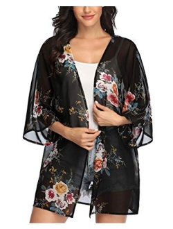 Women's Floral Print Kimonos Loose Tops Half Sleeve Shawl Chiffon Cardigan Blouses Casual Beach Cover Ups